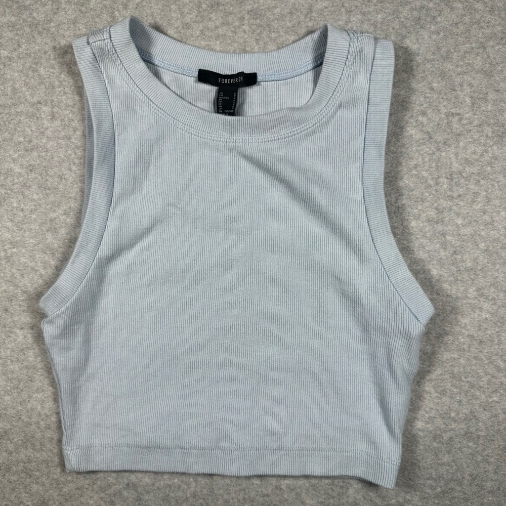 Forever 21 Womens Light Blue Ribbed Knit Sleeveless Crew Neck Crop Tank Top S